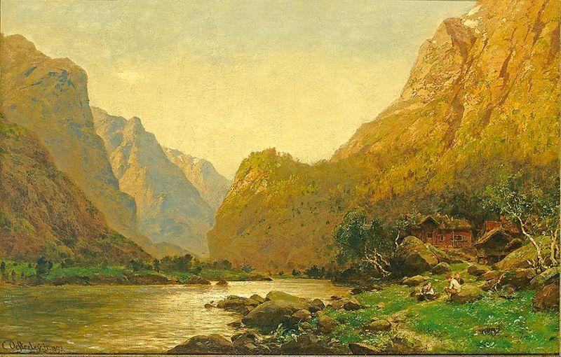 Carl jun. Oesterley Romantische Flusslandschaft mit Personenstaffage an einem prachtvollen Sommertag France oil painting art